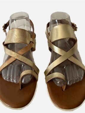 Italian Strappy Gold Sophia Milano Leather Sandal Bohemian Wedge Quiet Luxury